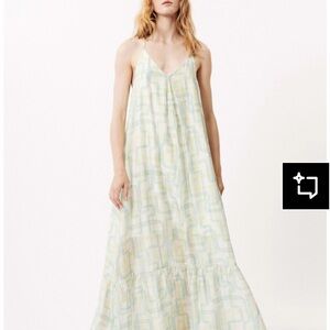 FRNCH Maxi White/Green/Blue Linen Sundress Summer Beach Boho Whimsical - Size M